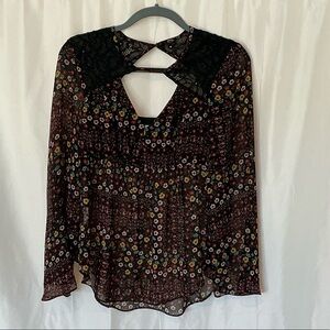 BCBGeneration Black Multi Floral Lace-Yoke Long Sleeve Blouse- Size 6